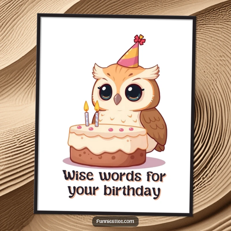 Funny Free Printable Wall Art: A curious owl wearing a tilted party hat, gazing intently at a birthday cake, full of wonder.