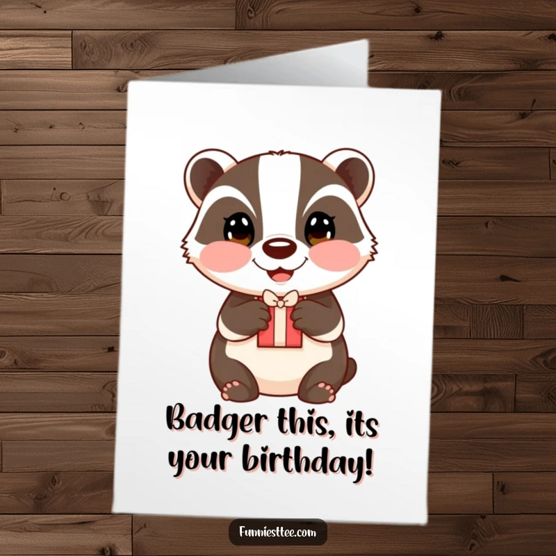 Funny Free Printable Birthday Card: A happy badger with rosy cheeks offers a small gift with both paws, spreading birthday cheer.