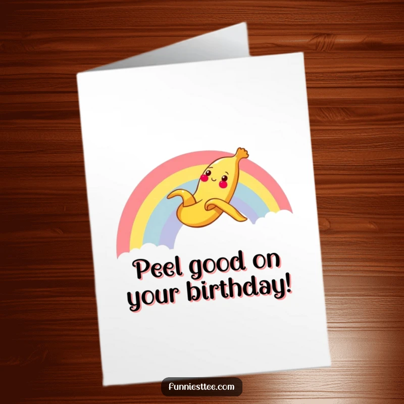 Funny Free Printable banana peel birthday card, a cheerful peel sliding gleefully down a rainbow.