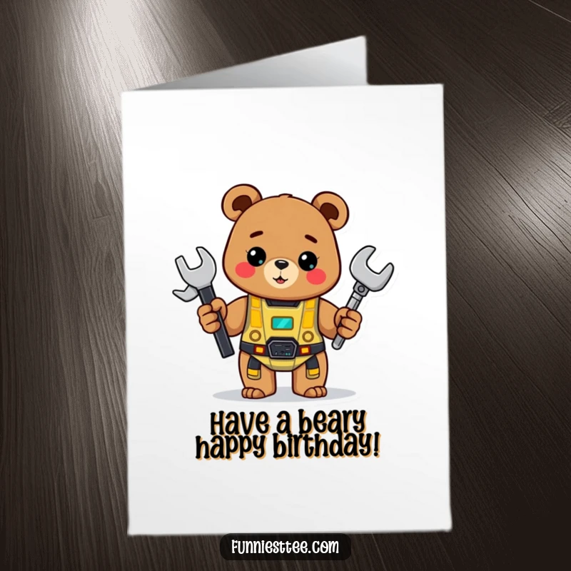 Funny Free Printable cheerful bear with a wrench, proudly showing a half-built robot for birthday.