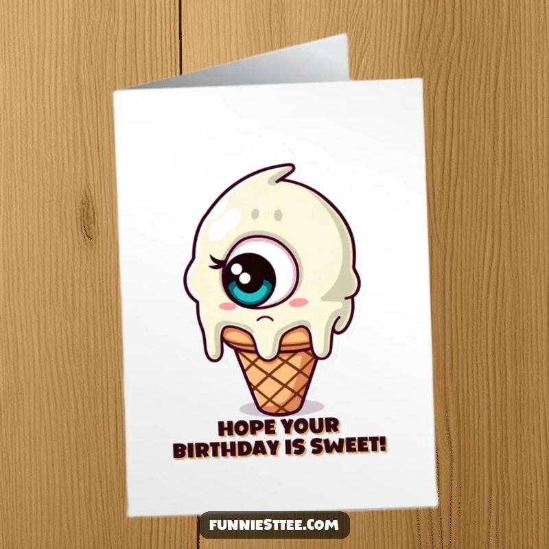 Funny Free Printable birthday card featuring a melting ice cream cone with one giant eye, looking utterly confused.