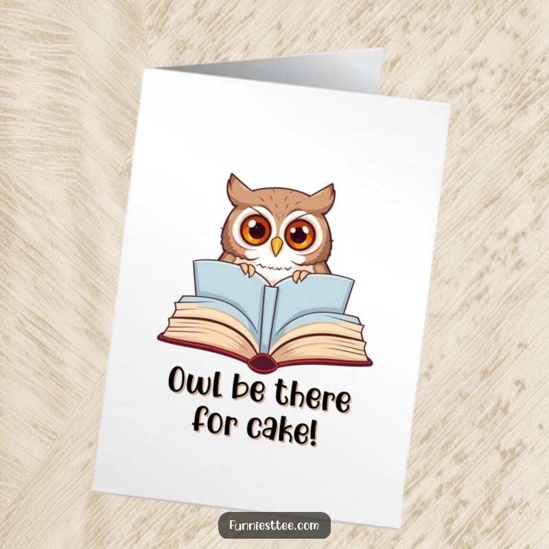 Funny Free Printable Birthday card with a curious owl peeking from a giant storybook, wide-eyed and inquisitive, ready for a birthday surprise.