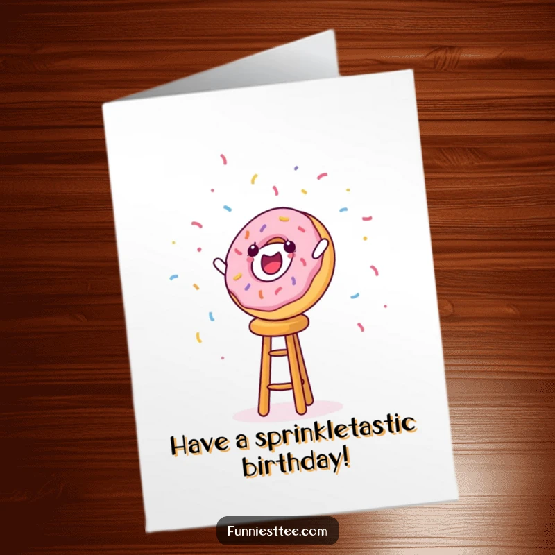Funny Free Printable Birthday Card: A cheerful donut character falling dramatically off a tall stool, with sprinkles flying widely.