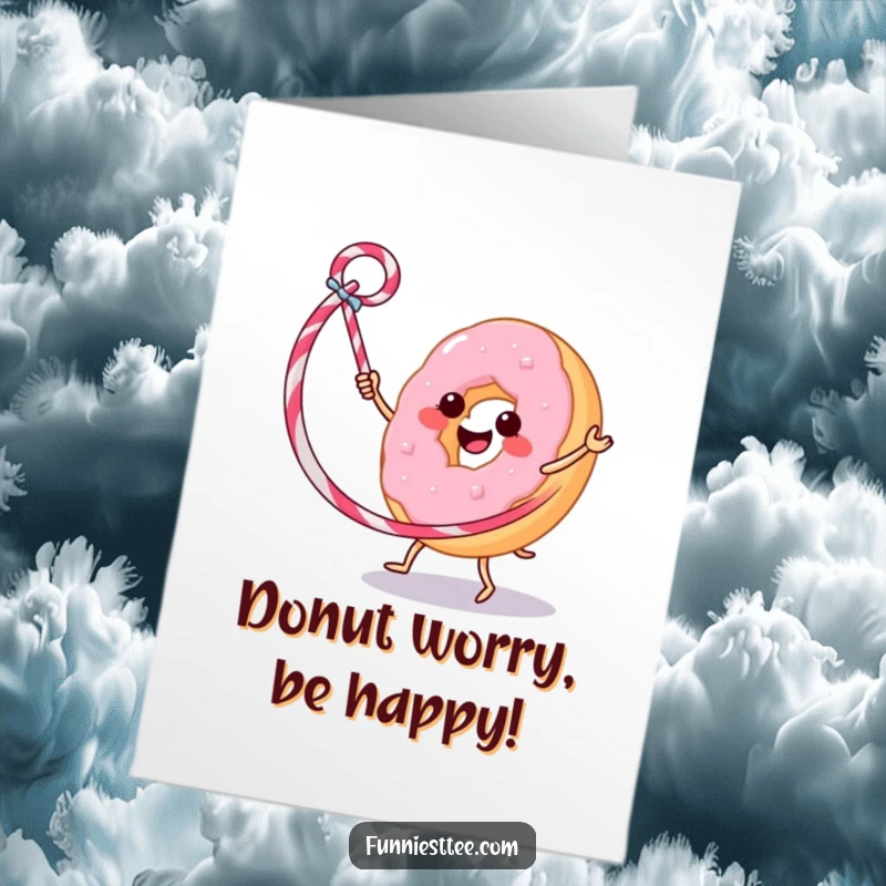 Funny Free Printable Birthday Card: A smiling donut joyfully hula hoops with a long licorice whip, ready to celebrate.