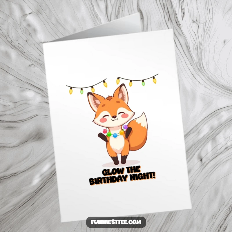 Funny Free Printable Birthday Card: Giggling Fox in a garland dances under party lights.