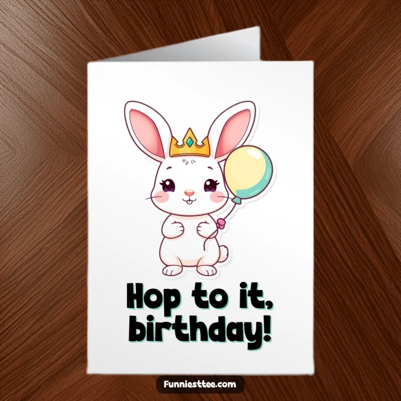 Funny Free Printable Birthday Card: Playful rabbit with big ears wears a crown and holds a balloon.