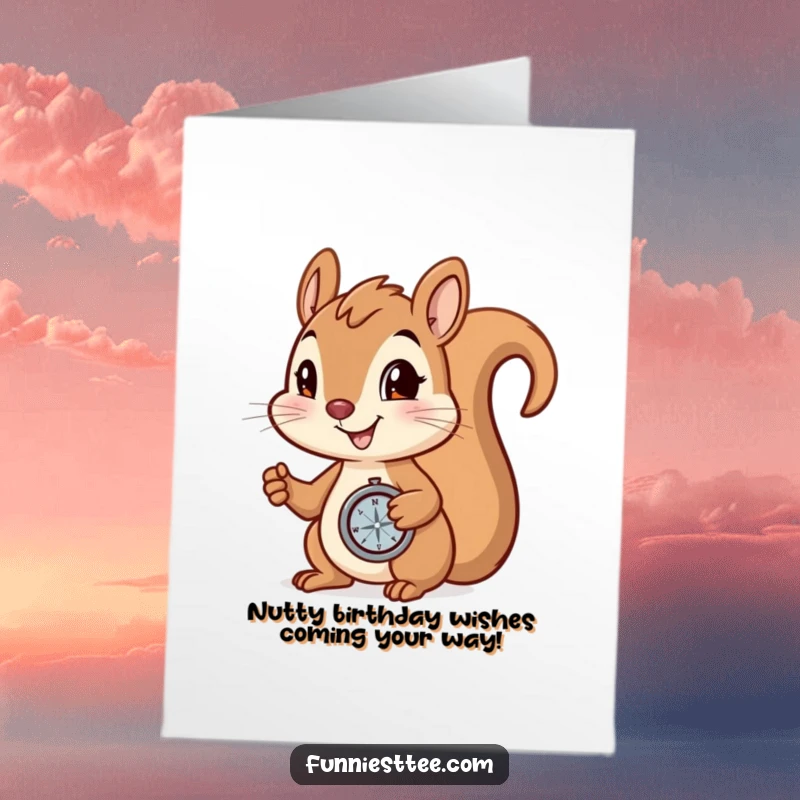 Funny Free Printable Birthday Card: Determined squirrel holding a compass, intently searching for a secret stash of nuts.