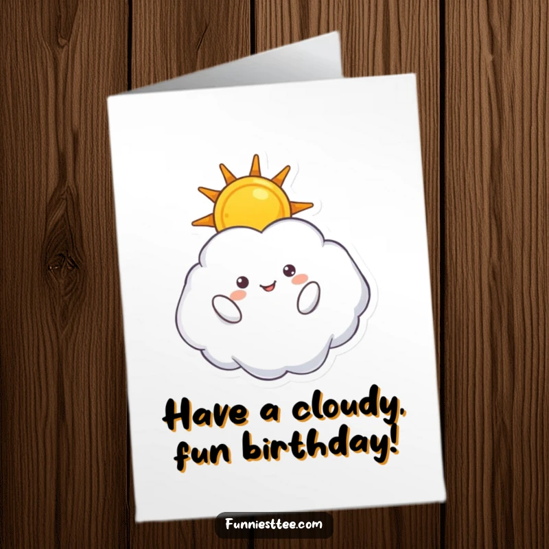 Funny free printable birthday card, a fluffy cloud character floating upside down, cheerfully holding a radiant sun.