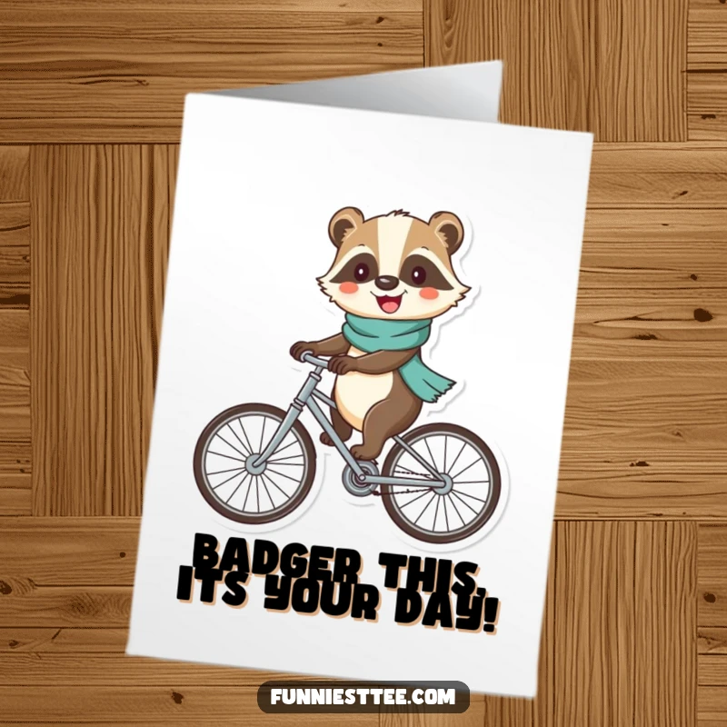 Funny Free Printable Birthday card with a cheerful badger in a scarf riding a bicycle with comically large, wobbly wheels, celebrating merrily.