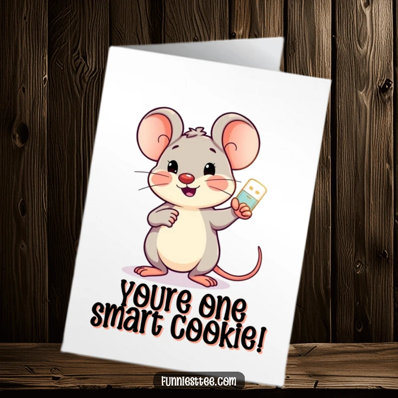 Funny Free Printable Birthday Card: Cheerful mouse holding glowing USB drive points encouragingly at a screen for a birthday wish.