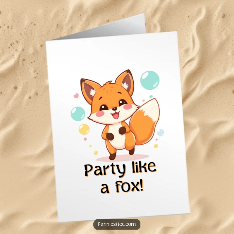 Funny Free Printable Birthday Card: Cheerful fox with wagging tail chasing bubbles at a lively party, ready to celebrate.
