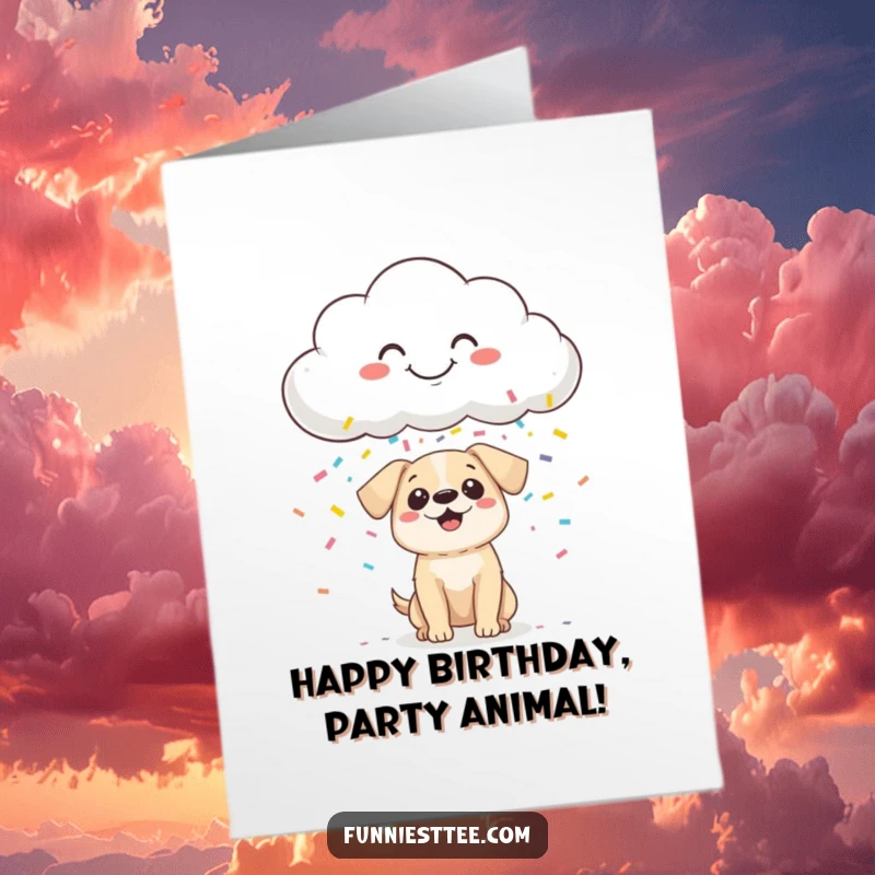 Funny Free Printable Birthday Card: Smiling cloud rains confetti on a surprised tiny dog, happy birthday wishes.