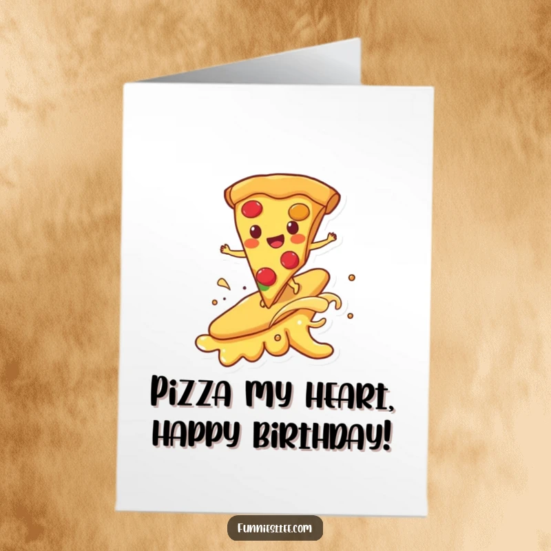 Funny Free Printable Birthday Card: A happy pizza slice surfing on a melting cheese wave, a hilarious birthday surprise.