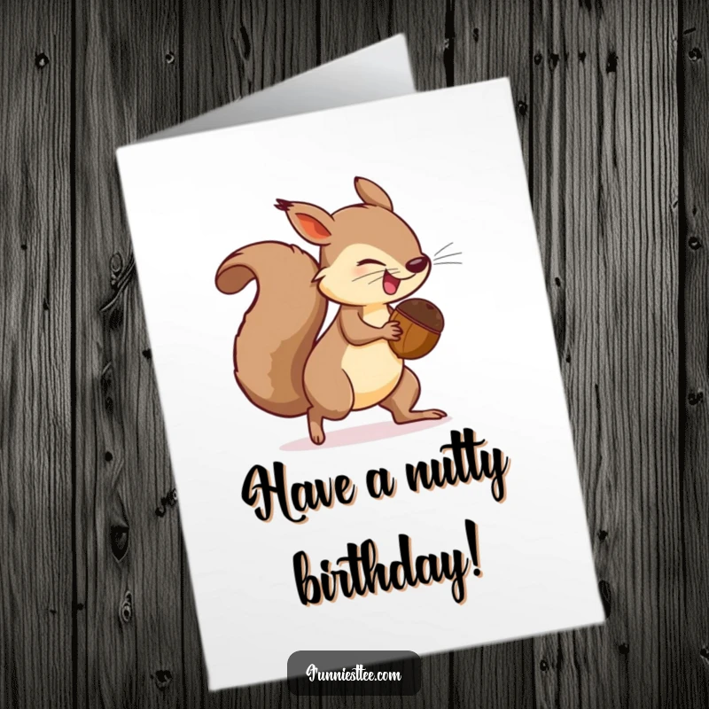 Funny Free Printable Birthday Card: Determined squirrel chases tail with oversized acorn, happy birthday wishes.