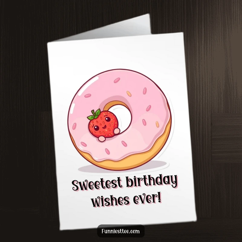 Funny Free Printable Birthday Card: Shy strawberry peeks from behind a giggling giant donut, happy birthday.