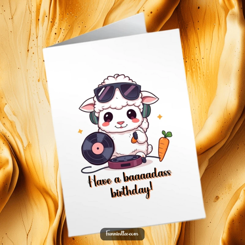 Funny Free Printable Birthday Card: Fluffy sheep in sunglasses DJing with a record and a carrot, a hilarious party vibe.