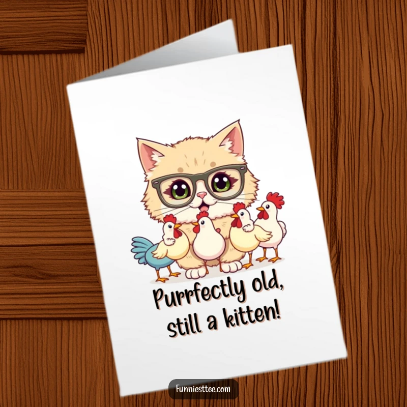 Funny Free Printable Birthday Card: Fluffy cat in glasses comically juggles rubber chickens for a laugh.