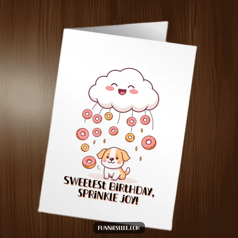 Funny Free Printable Birthday Card: Smiling cloud rains donuts on a confused dog below.