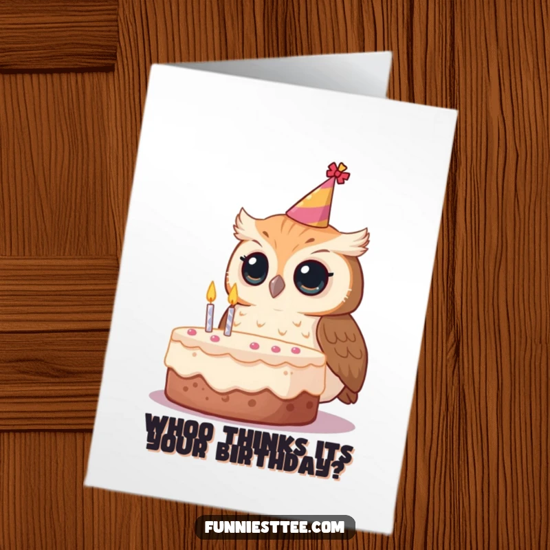 Funny Free Printable Birthday Card: A curious owl in a tilted party hat, looking intently at a birthday cake with eagerness.