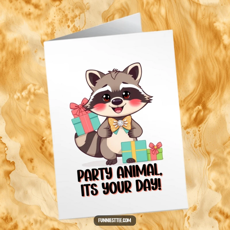 Funny Free Printable Birthday Card: A smiling raccoon in a sparkly bow tie, balancing a tall stack of gifts, ready to party.