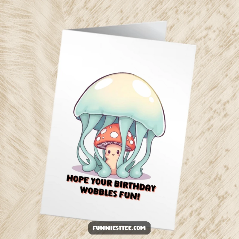 Funny Free Printable Birthday Card: A shy mushroom hides behind a giant, wobbly jelly, a heartwarming funny scene.