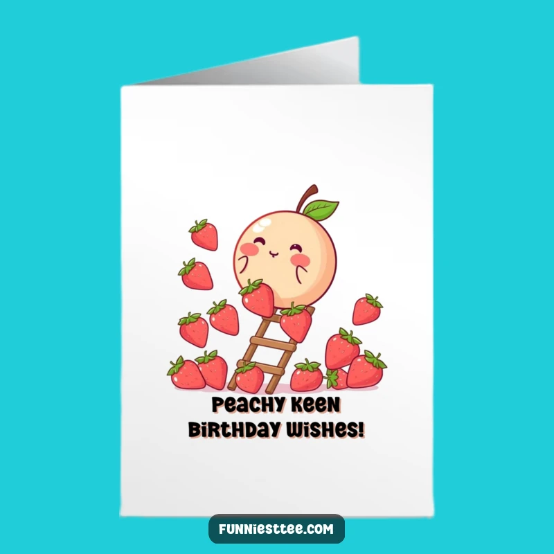 Funny Free Printable Birthday Card: Peach Climbing Strawberry Ladder - Sweet Downloadable Gift