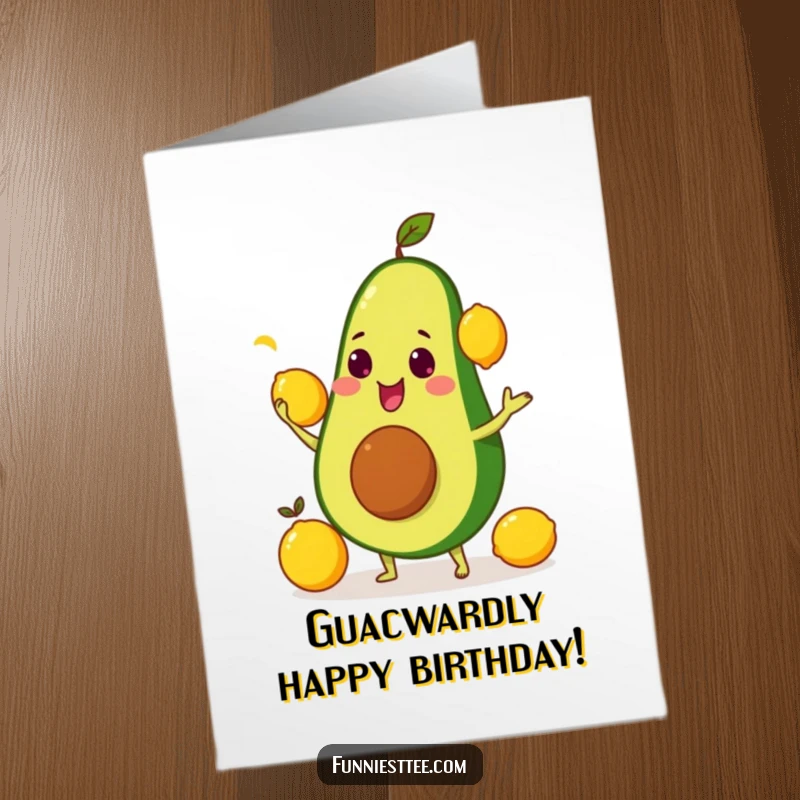 Funny Free Printable Birthday Card: A smiling avocado trying to juggle three yellow lemons, looking comically overwhelmed.