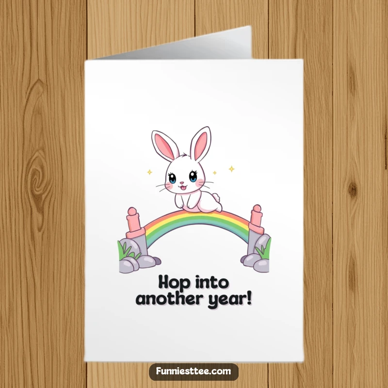 Funny Free Printable Birthday Card: Playful rabbit with sparkling eyes leaps over a vibrant rainbow bridge, embodying joy and fun.
