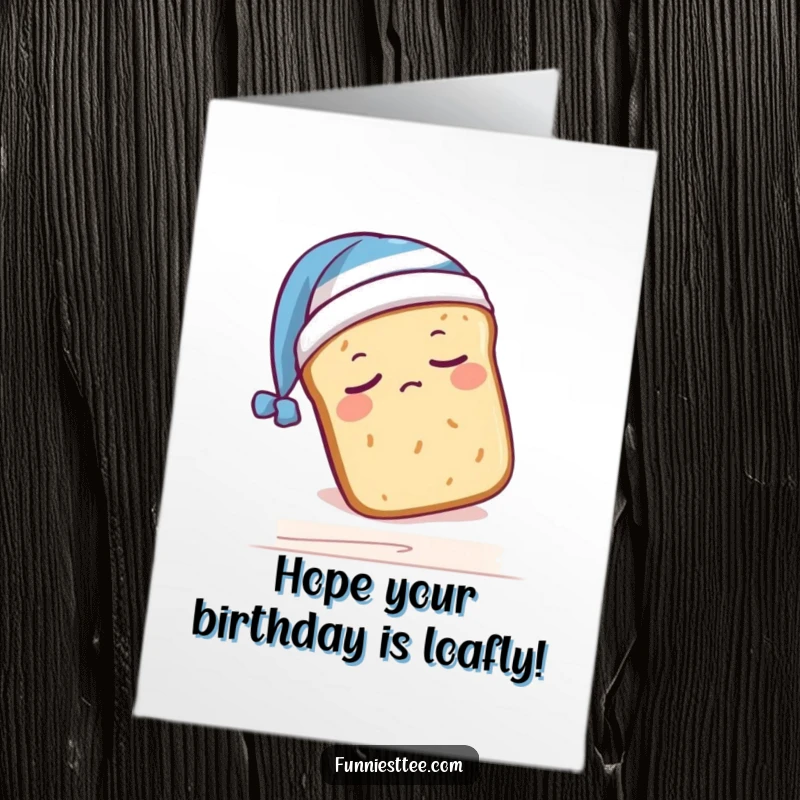 Funny Free Printable birthday card featuring a sleepy bread loaf in a nightcap, comically falling off a shelf.