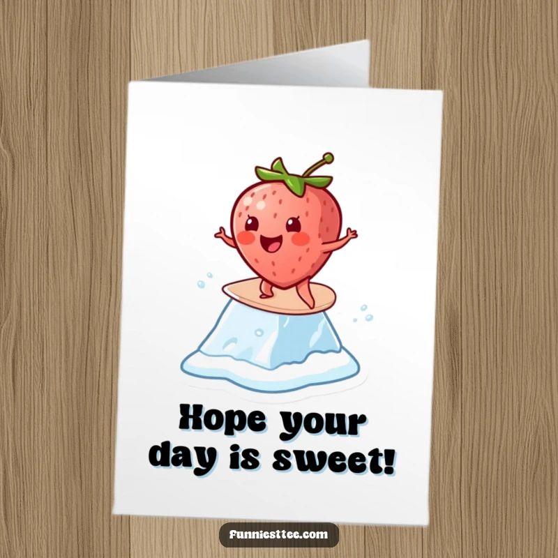 Funny Free Printable Birthday Card: Cheerful strawberry attempts to surf on a rapidly melting ice cube.