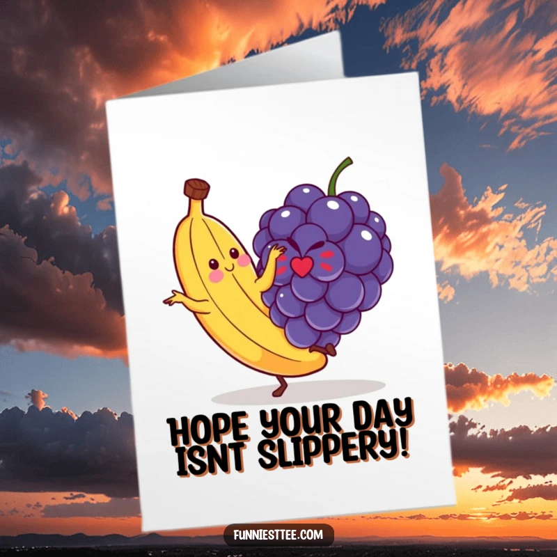 Funny free printable birthday card featuring a dancing banana comically slipping on a single rogue grape, cartoon style.