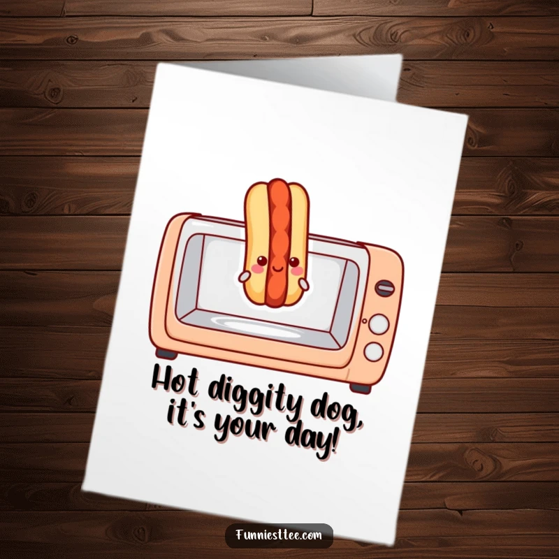 Funny Free Printable Birthday Card: A smiling hot dog joyfully emerging from a toaster oven.