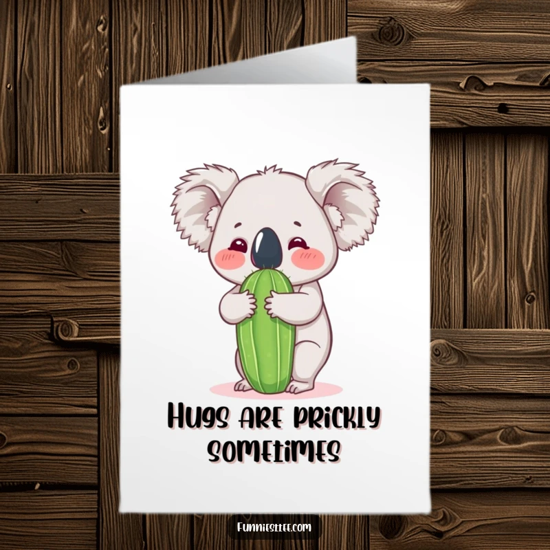 Funny Free Printable Birthday Card: A koala enthusiastically hugging a cactus, anticipating a prickly surprise.
