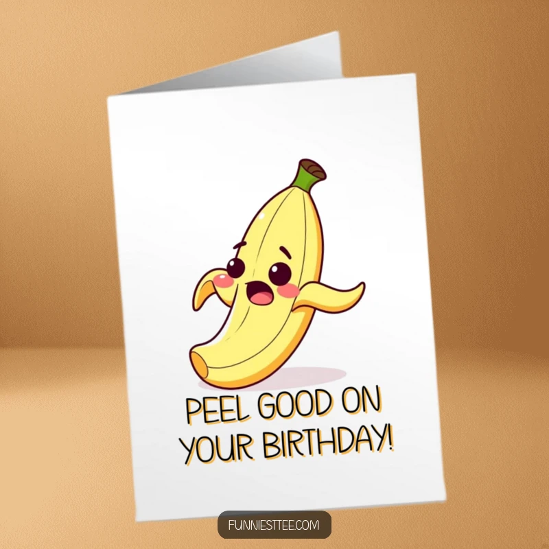 Funny Free Printable birthday card featuring a cartoon banana peel with a wide grin, comically slipping on itself.