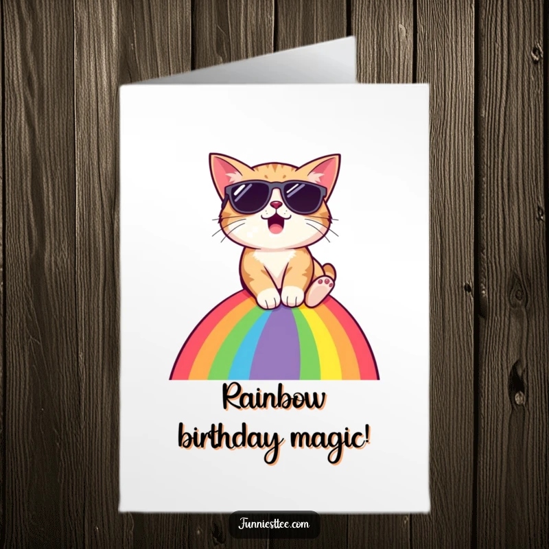 Free Printable Birthday Card: Surprised cat wearing sunglasses sliding down a rainbow, celebrating a vibrant and fun birthday.