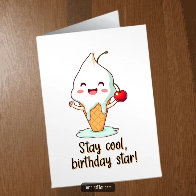 Funny Free Printable Birthday Card of a smiling ice cream cone melting slightly, happily attempting to high-five a cherry.