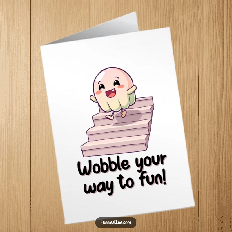 Funny Free Printable Birthday Card featuring a cheerful, wobbly jelly character gleefully bouncing down a flight of stairs.
