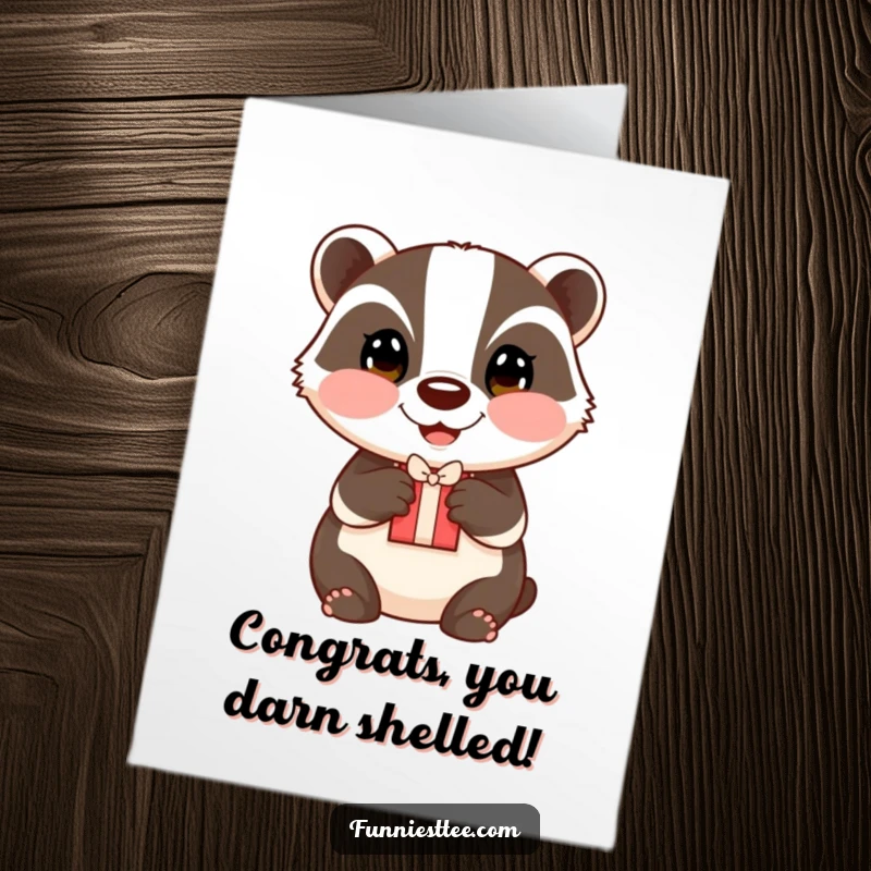 Funny Free Printable Congratulations Card: A happy badger with rosy cheeks presents a small gift with both paws, celebrating a milestone.
