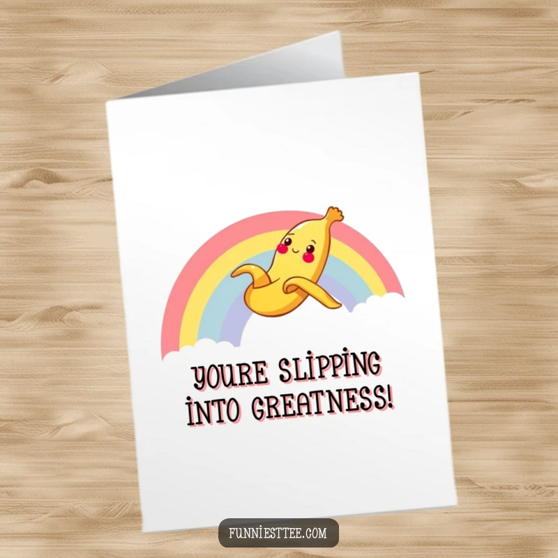 Funny Free Printable banana peel congratulations card, a cheerful peel sliding gleefully down a rainbow.