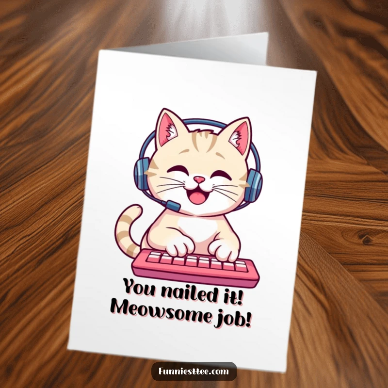 Funny Free Printable cat wearing a headset, typing triumphantly on a keyboard for congrats.