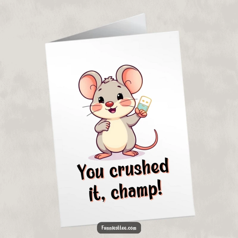 Funny Free Printable Congrats Card: Cheerful mouse with glowing USB drive points at screen to congratulate.