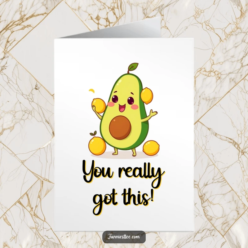 Funny Free Printable Congrats Card: A smiling avocado comically juggling bright yellow lemons, celebrating a win.
