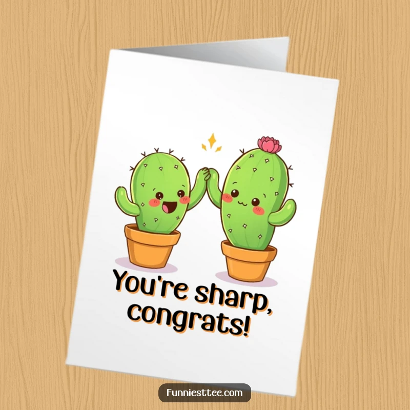 Funny free printable congratulations card, two spiky cactus characters attempting a careful high-five to celebrate.