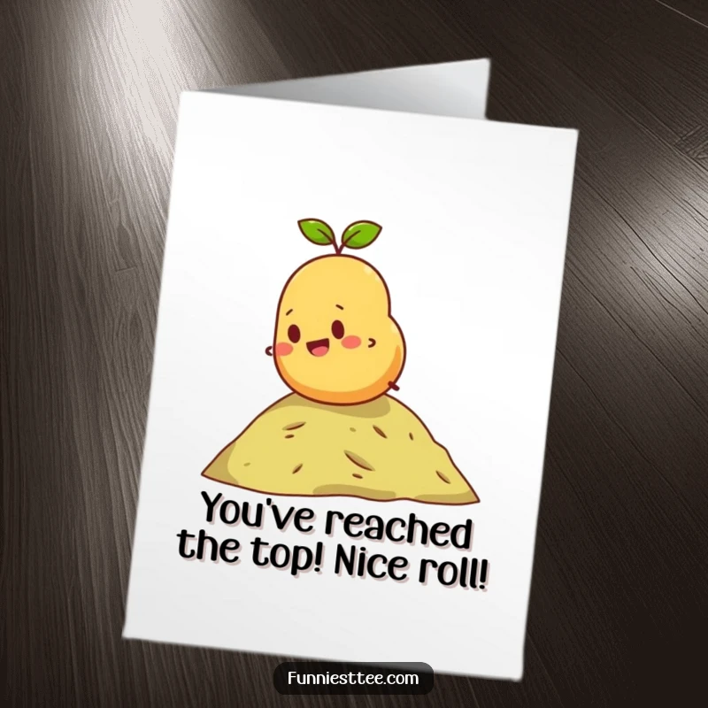 Funny Free Printable Congratulations Card: A joyous potato conquers a small hill, celebrating your success.