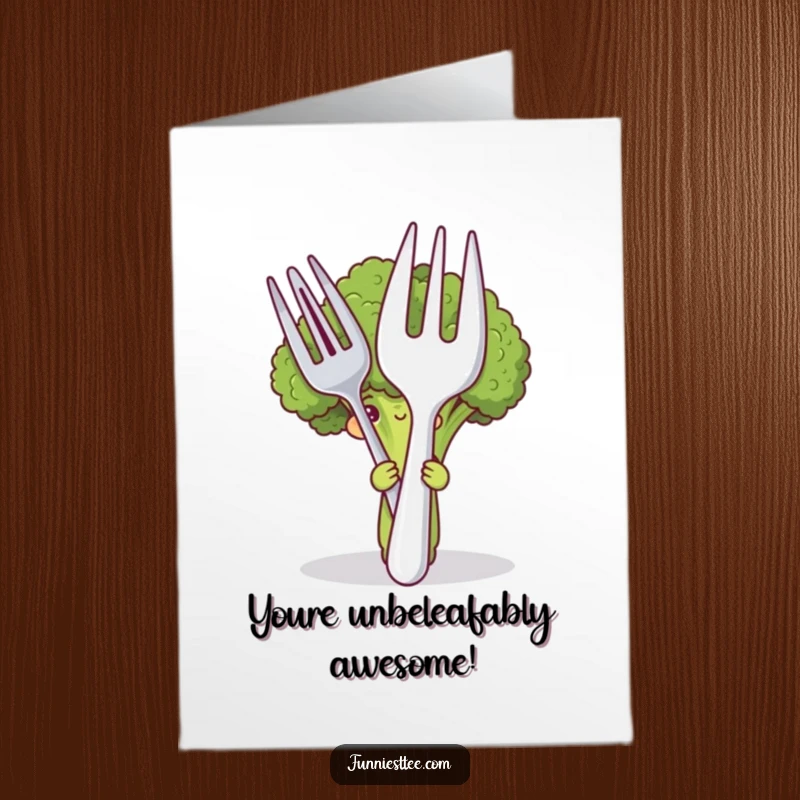 Funny Free Printable Congratulations Card showing a shy broccoli hiding behind massive fork and spoon, subtly cheering for your success.