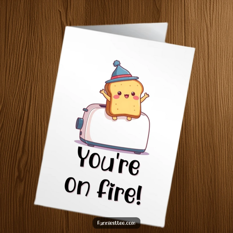 Funny Free Printable Congrats Card: Toast with a hat leaps from toaster, celebrating your awesome news.