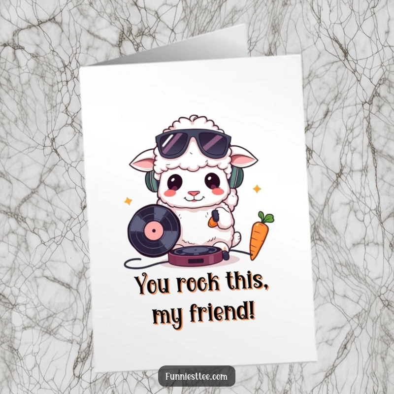 Funny Free Printable Congratulations Card: Sheep wearing sunglasses attempting to DJ with a record and a carrot, celebrating a win.