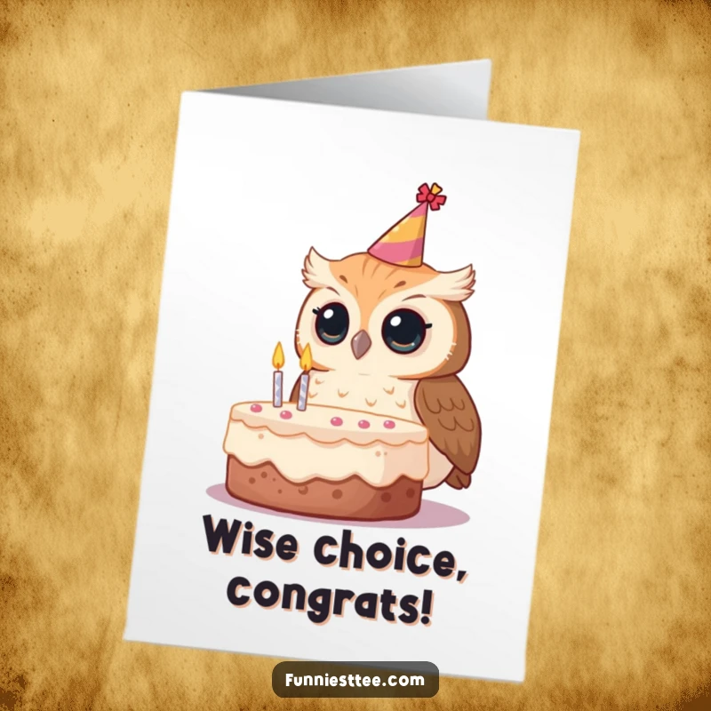 Funny Free Printable Congratulations Card: A curious owl with a tilted party hat, observing a cake, symbolizing a moment of sweet success.