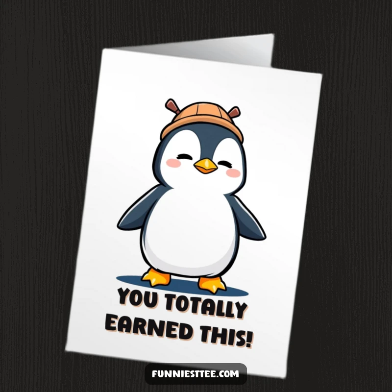 Funny Free Printable Congratulations Card: Determined penguin in propeller hat marching with gusto, celebrating a great accomplishment.