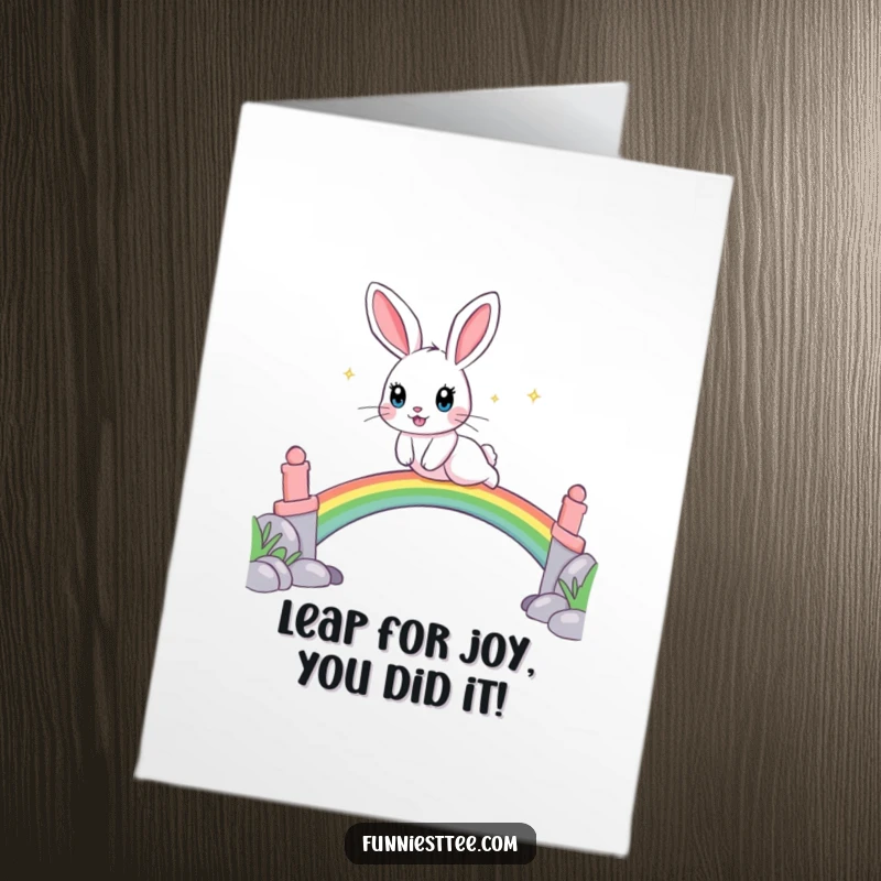 Funny Free Printable Congratulations Card: A joyful rabbit leaps over a rainbow, celebrating achievements with sparkle and cheer.